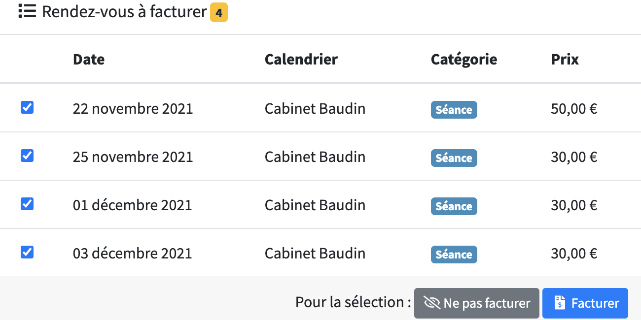 Rendez-vous du patient à facturer