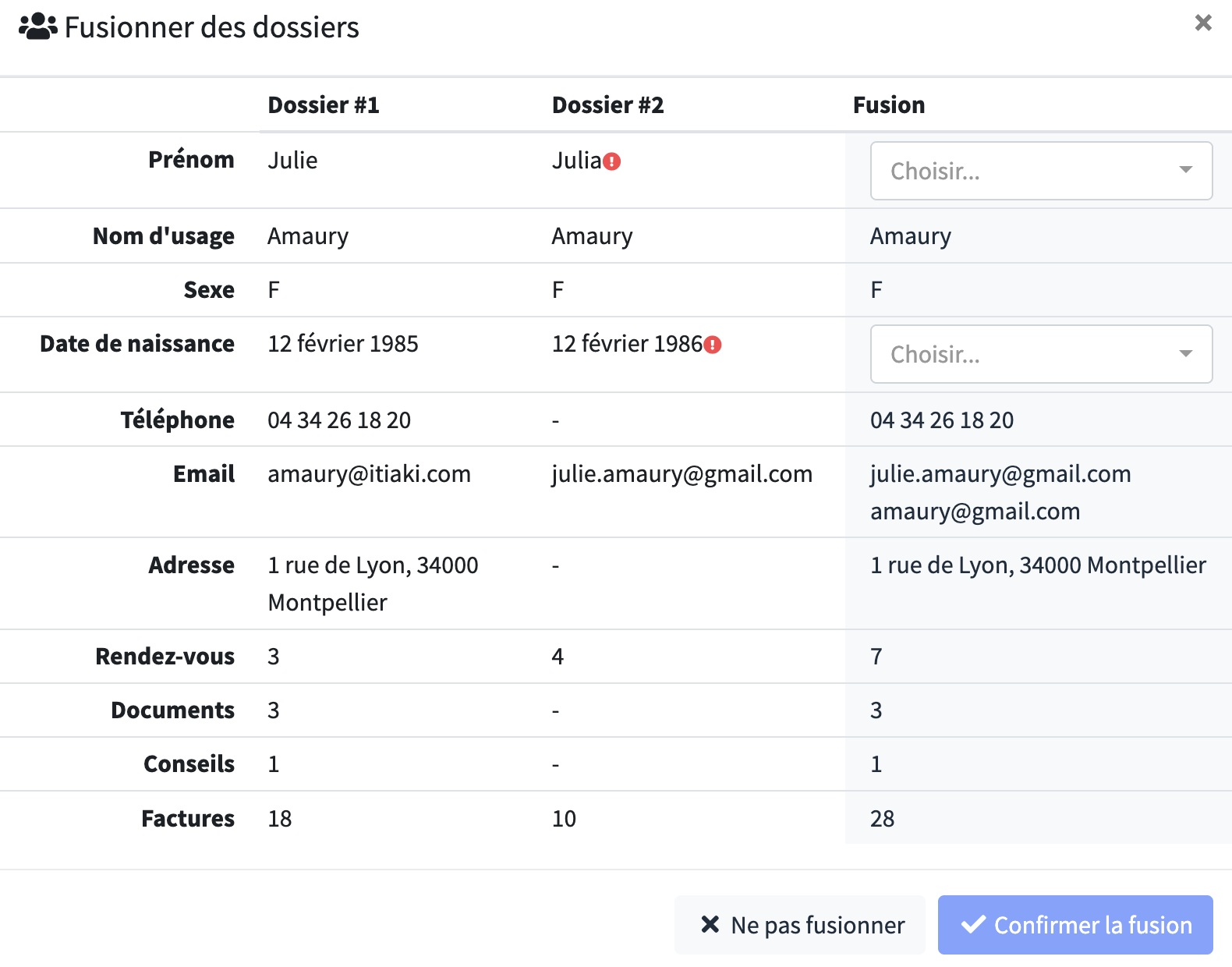 Fusionner deux dossiers de suivi
